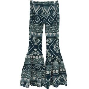 Kori Boho Tribal Print Flare High-Waist Pants Geometric Size Small Blue Beige